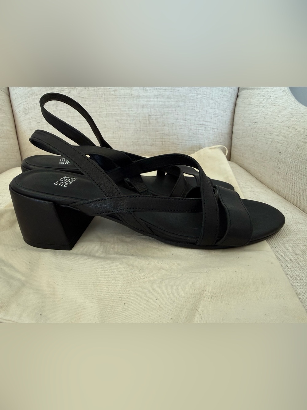 New Eileen Fisher Giga Block Heel Slingback Sandal Black Leather Women’s 9.5 - Picture 6 of 9